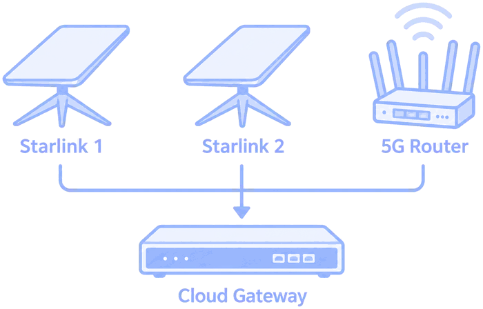 Two Starlink terminals and a 5G router all feeding a single cloud gateway